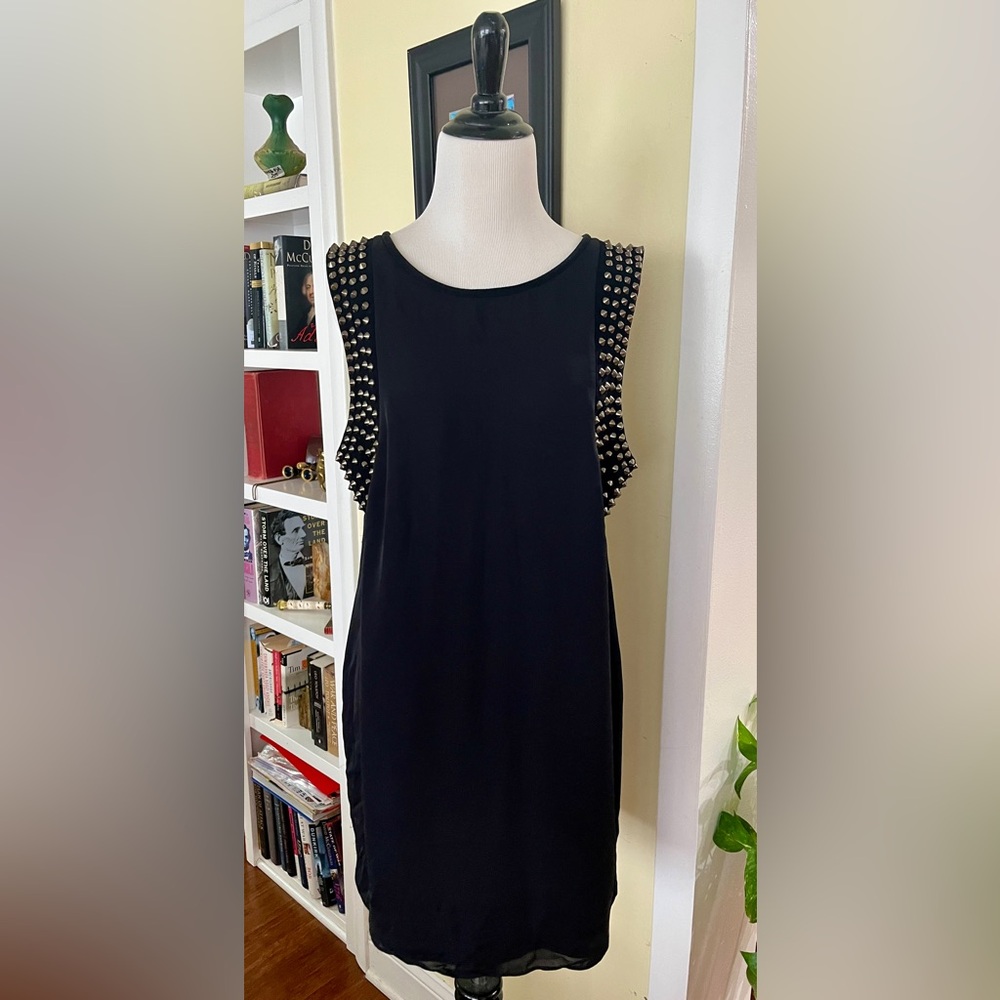 vintage Haute Hippie Dress Black Shift Mini Sleeveless Silver Spike Trim L 2000s - Picture 5 of 11